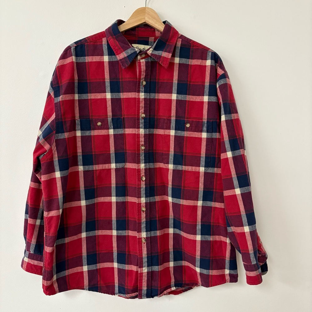 Vintage Eddie Bauer Shirt Mens Large Red Blue Plaid Flannel 90s Cotton Chore